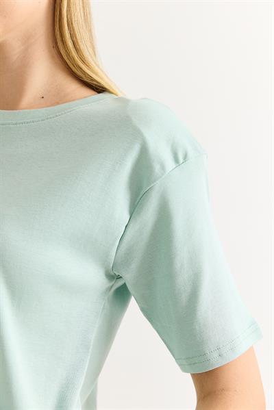 Vatkalı Bisiklet Yaka Basic Tshirt Su Yeşili