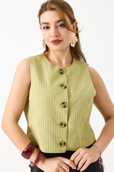 Kadın Çizgi Desenli Sıfır Kol Crop Yelek  Yeşil