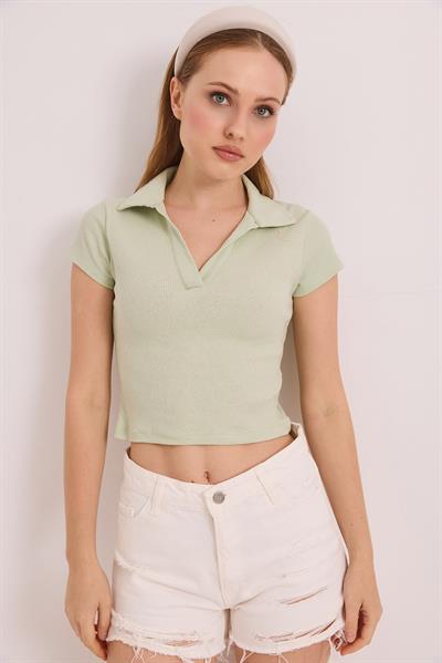 Polo Yaka Basıc Kısa Kollu Örme Kaşkorse Crop Bluz Yeşil