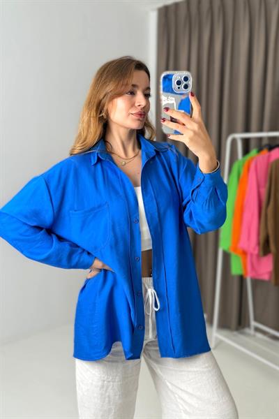 Uzun Kollu Cep Detaylı Basic Gömlek Mavi