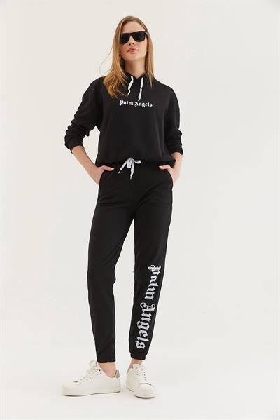 Kapüşonlu Paça Lastikli Eşofman Takım Siyah
