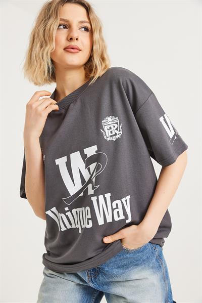 Bisiklet Yaka Baskılı Tshirt Füme