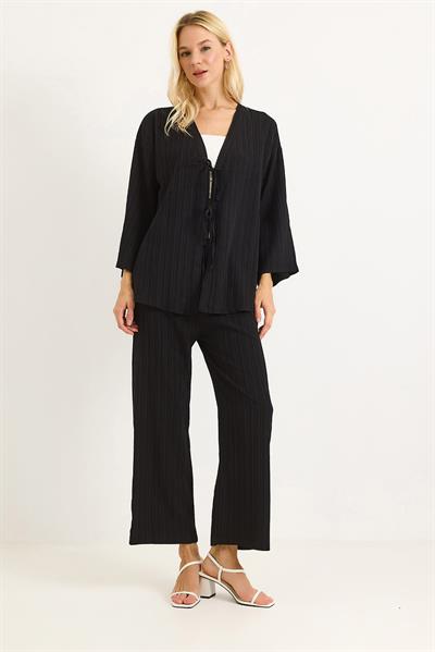 Kimonolu Pantalon Krınkıl Takım Siyah