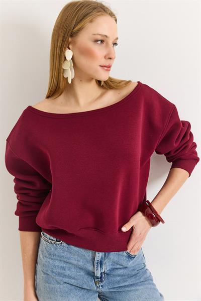Kadın Bordo Kayık Yaka Üç İplik Şardonlu Sweat