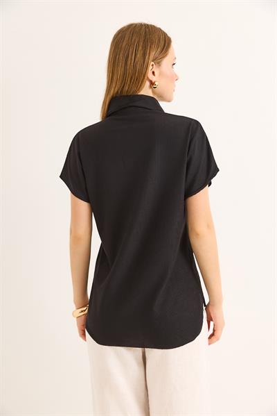 Polo Yaka Oval Kesin Kadın Tshirt Siyah