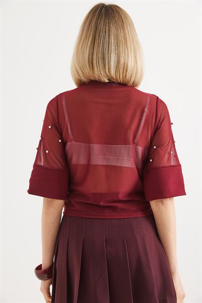 Yarım Kol Transparan Bluz Bordo