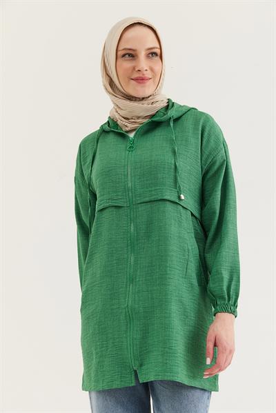 Araboy Kapşonlu Keten Kap Yeşil