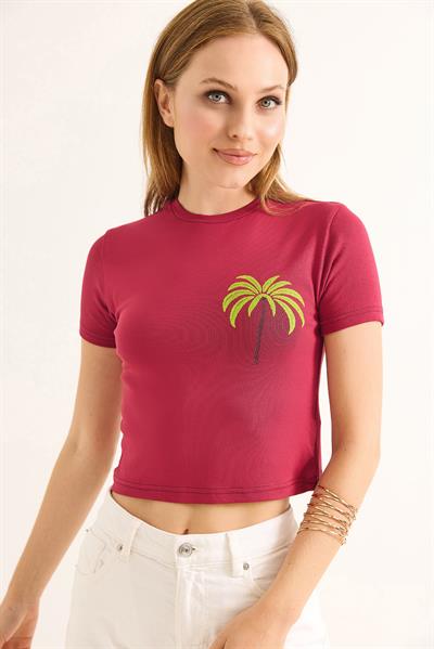 Bisiklet Yaka Kısa Kol Crop Bluz Bordo