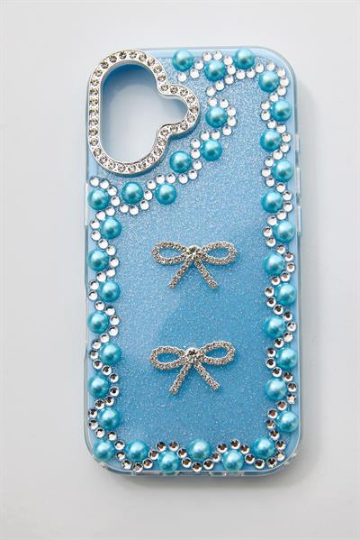 İphone 16 Uyumlu Taş Detaylı Telefon Kılıfı Mavi