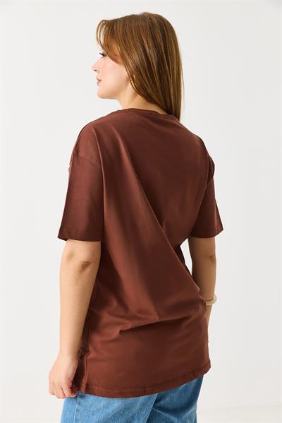Kadın Baskılı Bisiklet Yaka Kısa Kol Tshirt Kahverengi