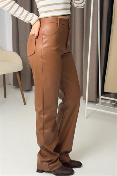 Kadın Bol Paça Tam Kalıp Deri Pantalon Taba