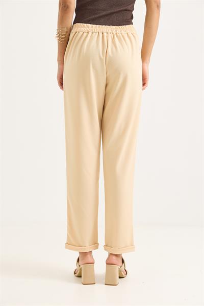 Beli Lastikli Katlı Paça Kadın Pantolon Krem