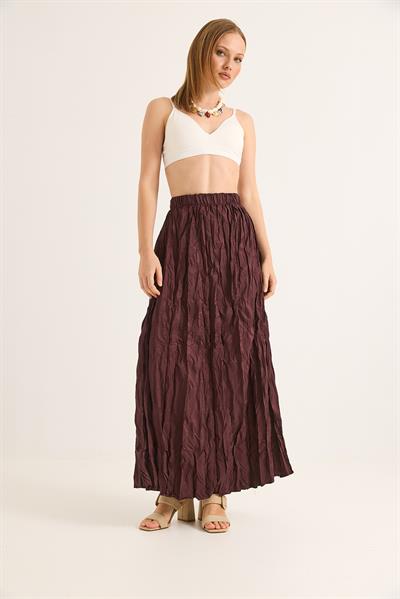 Kırışık Model Beli Lastikli Kadın Etek Mürdüm