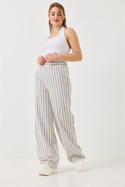 Çizgi Desenli Bol Paçalı Keten Pantolon Mavi
