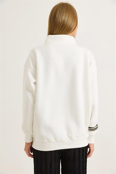 Kadın Yaka Fermuarlı 2 İplik Sweatshirt Beyaz