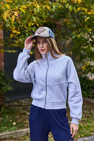 Kadın Fermuarlı Dikiş Detaylı Sweat Gri