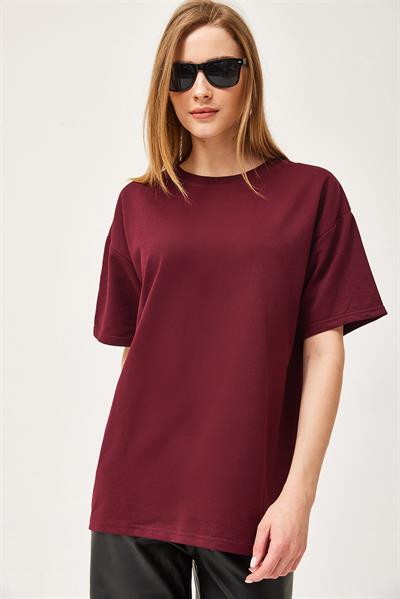 Basic Bisiklet Yaka Tshirt Bordo