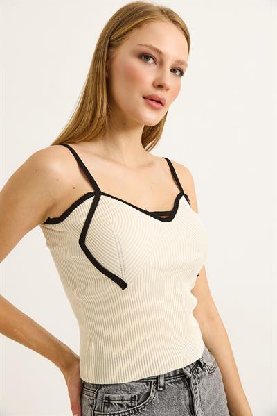 İp Askılı Kadın Triko Crop Bluz Bej