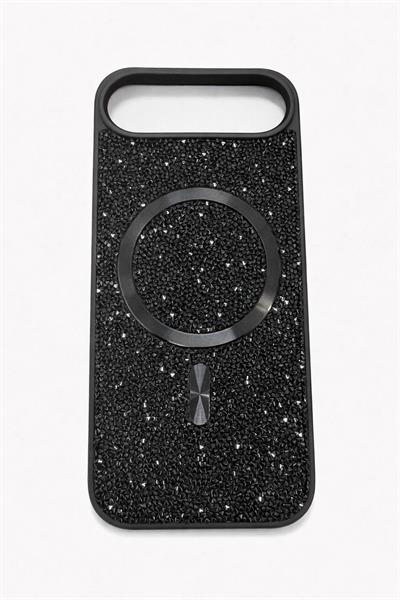İphone 17 Air Uyumlu Parlak ve Taşlı Kart Bölümlü Kılıf Siyah