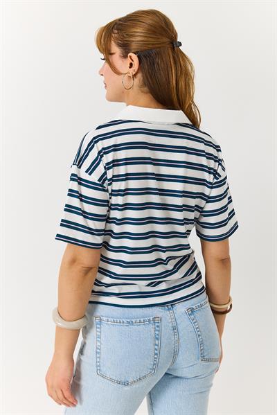 Polo Yaka Çizgili Baskılı Kısa Kollu Tshirt  İndigo
