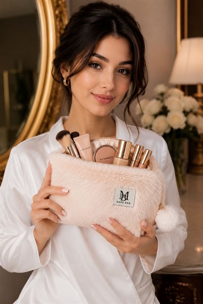 Kadın Peluş Tüylü Charmlı 23X13 Ölçülü Makyaj Çantası Bej