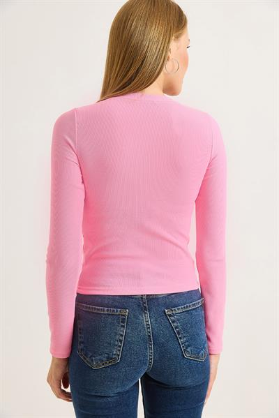 Kadın Ottoman Bisiklet Yaka Taşlı Bluz Pembe