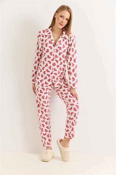 Kadın Pudra Pamuklu Polo Yaka  Beyaz Kalpli Pijama Takımı