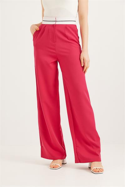 Beli Şeritli Bol Paça Pantolon Fuşya
