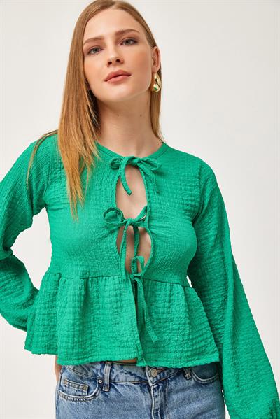Bağlama Detaylı Esnek Örme Bluz Yeşil