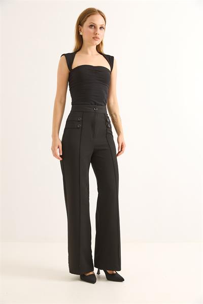 Düğme Detaylı Yüksel Bel Bol Paça Pantolon Siyah