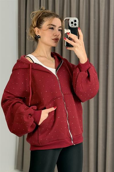 Kadın Taş Detaylı Kapüşonlu 3 İplik Fermuarlı Sweatshirt Bordo
