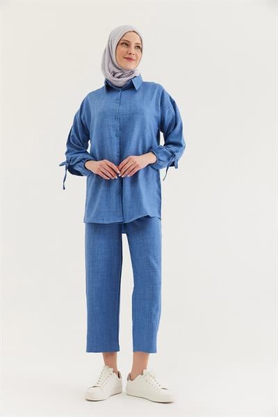 Kol Büzgülü Gömlek Pantolon İkili Takım Mavi