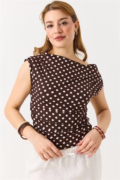 Kadın Omuz Ve Beli Büzgülü Puantiyeli Bluz Kahverengi