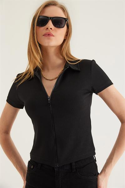 Polo Yaka Fermuarlı  Kaşkorse Bluz Siyah