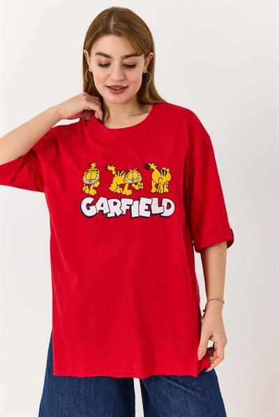 Kadın Garfield Baskılı Yanları Yırtmaçlı Bisiklet Yaka Tshirt Kırmızı