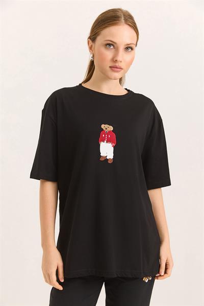 Ayıcık Nakışlı Rahat Kalıplı Tshirt Siyah
