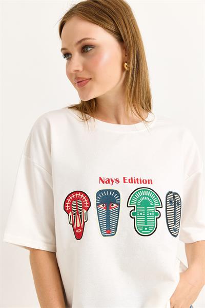 Baskılı Oversize Tshirt Beyaz