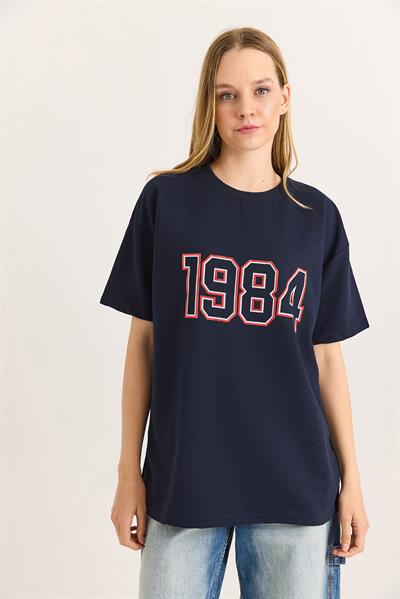 1984 Baskılı Oversize Tshirt Lacivert