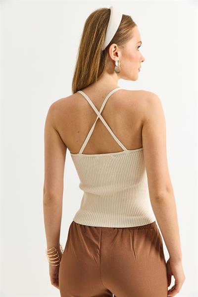 İp Askılı Ajurlu Triko Bluz Bej