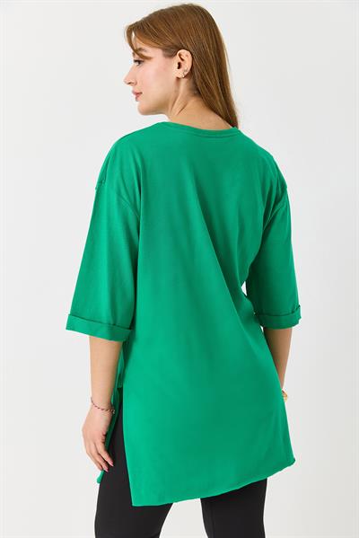 Kadın Figürlü Baskılı Bisiklet Yaka Tshirt Yeşil