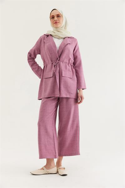 Bel Bağlamalı Ceketli Keten Takım Gül Kurusu