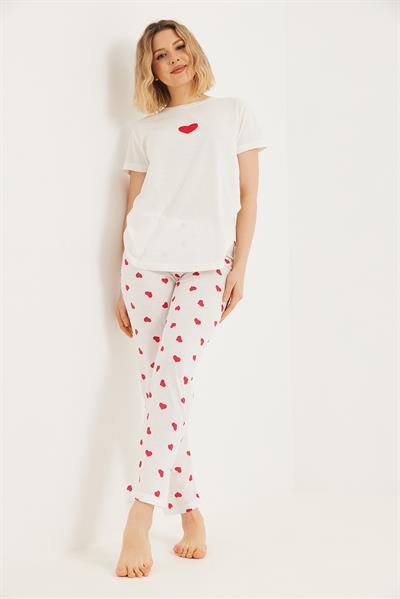 Baskılı Kısa Kol Pijama Takım Beyaz