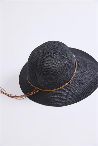Boncuk Detaylı Hasır Kadın Plaj Şapkası Siyah