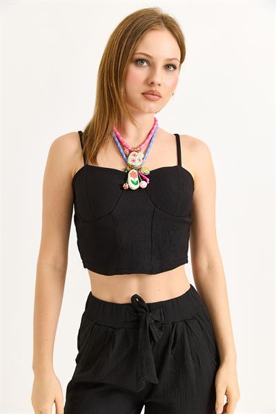İp Askılı Örme Crop Bluz Siyah