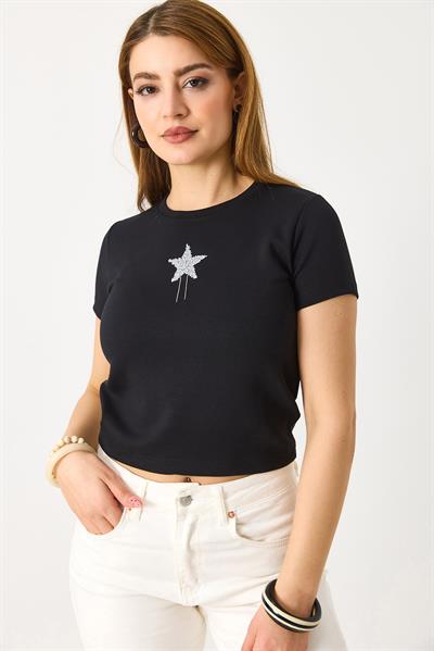 Kadın Kısa Kollu Yıldız Taşlı Crop Bluz Siyah