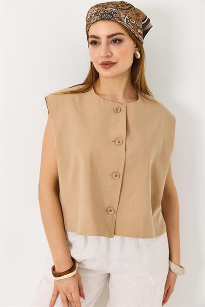 Kadın Kısa Kollu Düğmeli Crop Yelek Vizon