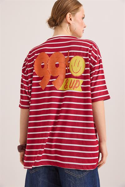Karikatür Up Baskılı Çizgili Salaş Tshirt Kırmızı