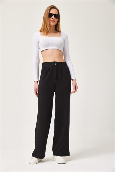 Yüksek Bel Cepli Palazzo Pantolon Siyah