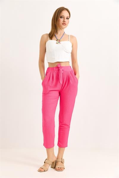 Bağlama Detaylı Bürümcük Örme Pantalon Pembe