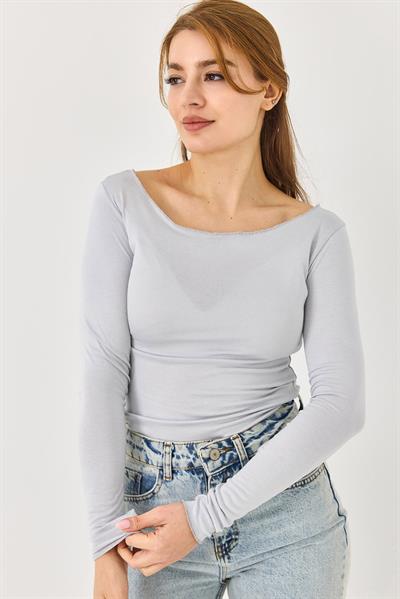 Kayık Yaka Kaşmir Uzun Kollu Bluz Gri